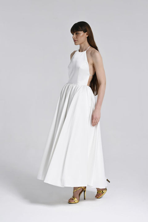 Beyaz Halter Yaka Midi Elbise