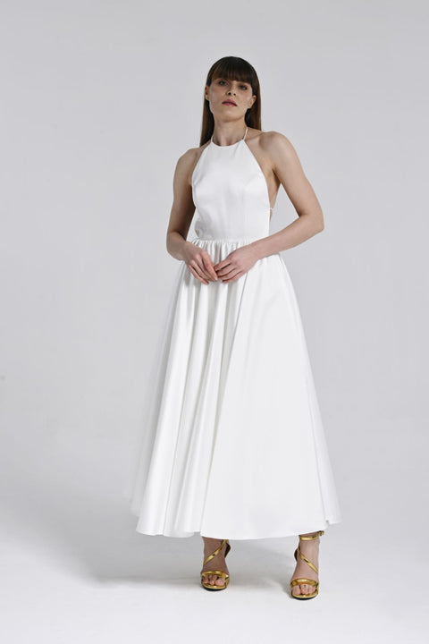 Beyaz Halter Yaka Midi Elbise