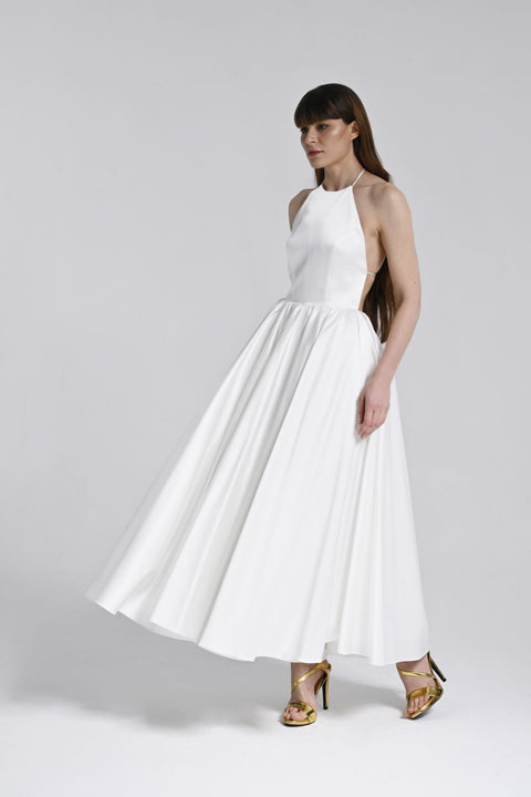 Beyaz Halter Yaka Midi Elbise