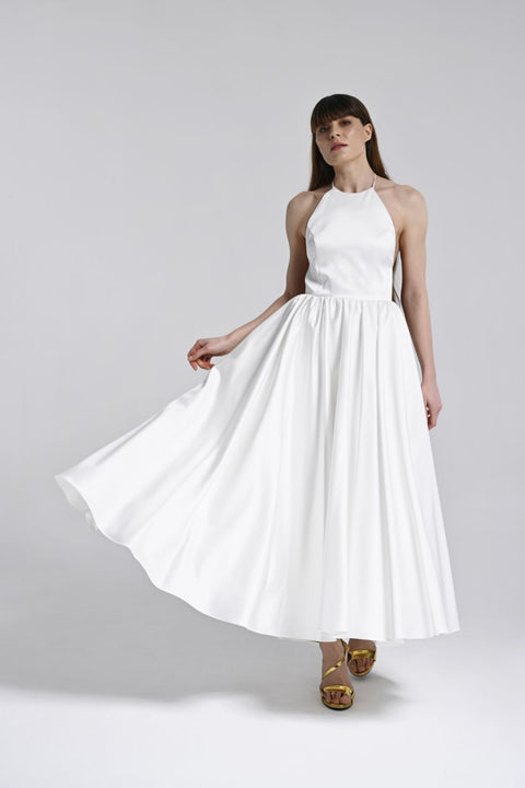 Beyaz Halter Yaka Midi Elbise