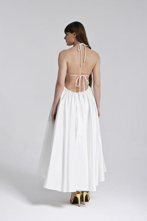 Beyaz Halter Yaka Midi Elbise