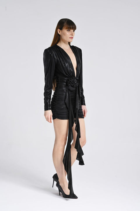 Siyah Blazer Formlu Deri Mini Elbise