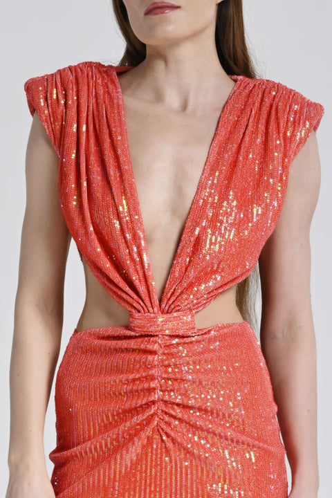 Mercan Rengi Cut-Out Midi Elbise