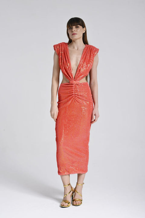 Mercan Rengi Cut-Out Midi Elbise