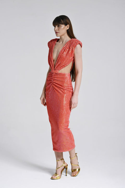 Mercan Rengi Cut-Out Midi Elbise