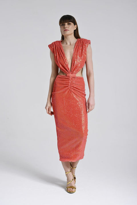Mercan Rengi Cut-Out Midi Elbise