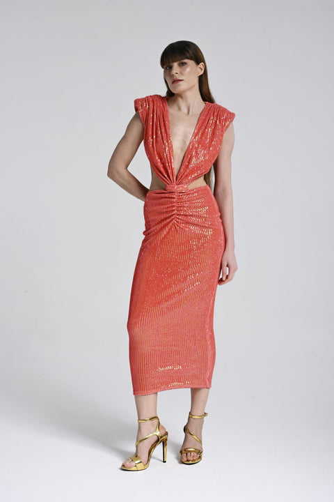 Mercan Rengi Cut-Out Midi Elbise