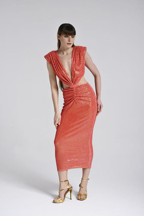 Mercan Rengi Cut-Out Midi Elbise