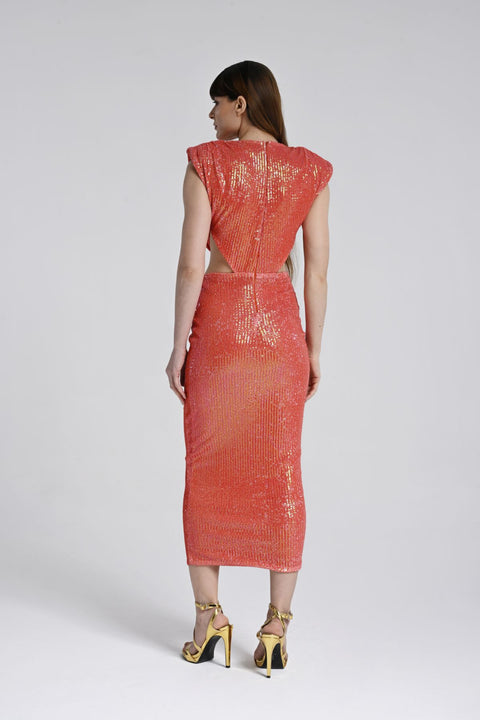 Mercan Rengi Cut-Out Midi Elbise