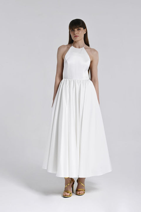 Beyaz Halter Yaka Midi Elbise