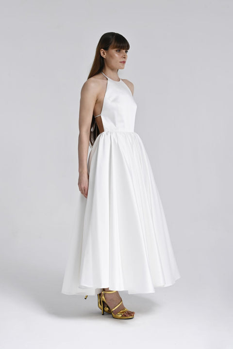Beyaz Halter Yaka Midi Elbise